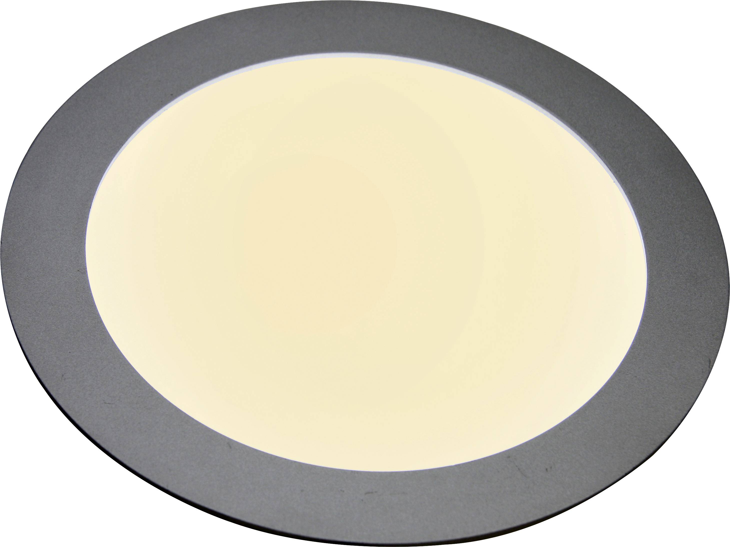 Een ronde, platte LED-lamp met een grijze rand en warmwitte lichtuitstraling, geschikt voor moderne binnenverlichting.
