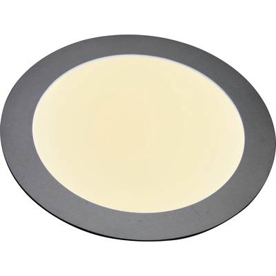 Een ronde, platte LED-lamp met een grijze rand en warmwitte lichtuitstraling, geschikt voor moderne binnenverlichting.