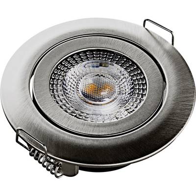 Een ronde LED-inbouwplafondlamp met een zilverkluis behuizing en transparant beschermglas, ontworpen voor energiezuinige verlichting.