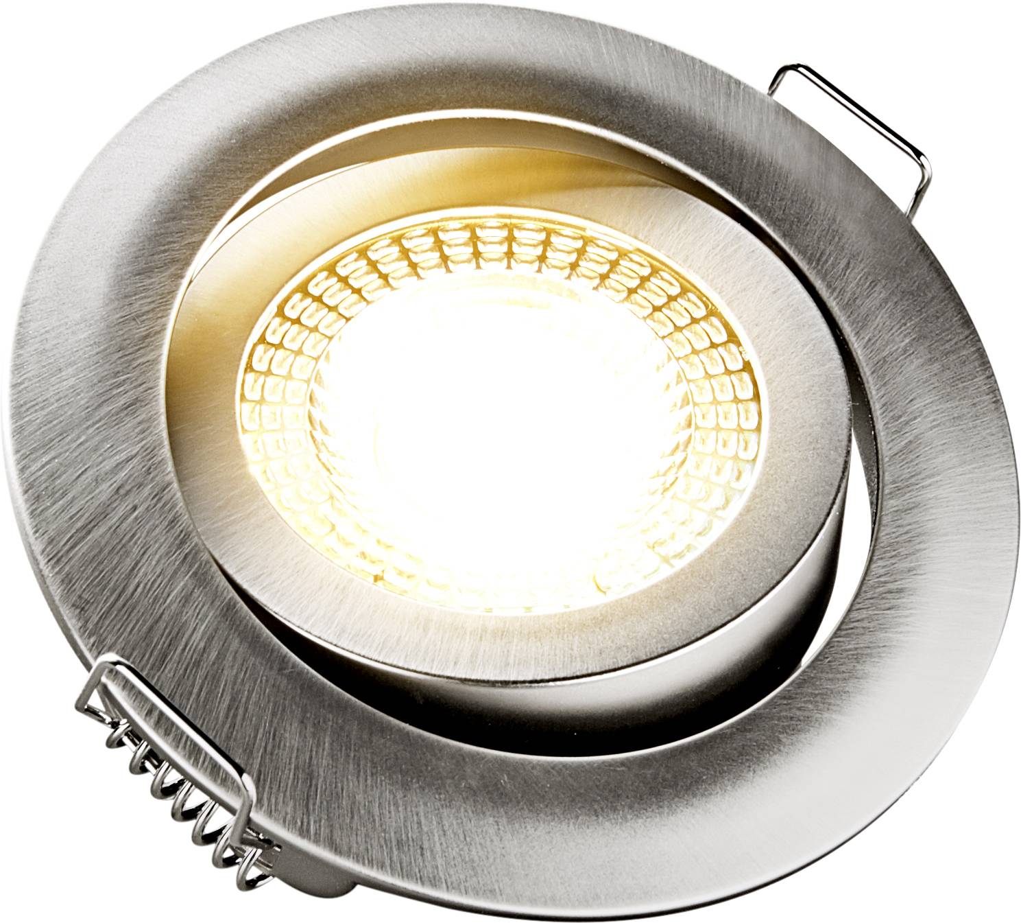 Een ronde LED-inbouwspot met geborsteld metalen frame straalt warm wit licht uit.