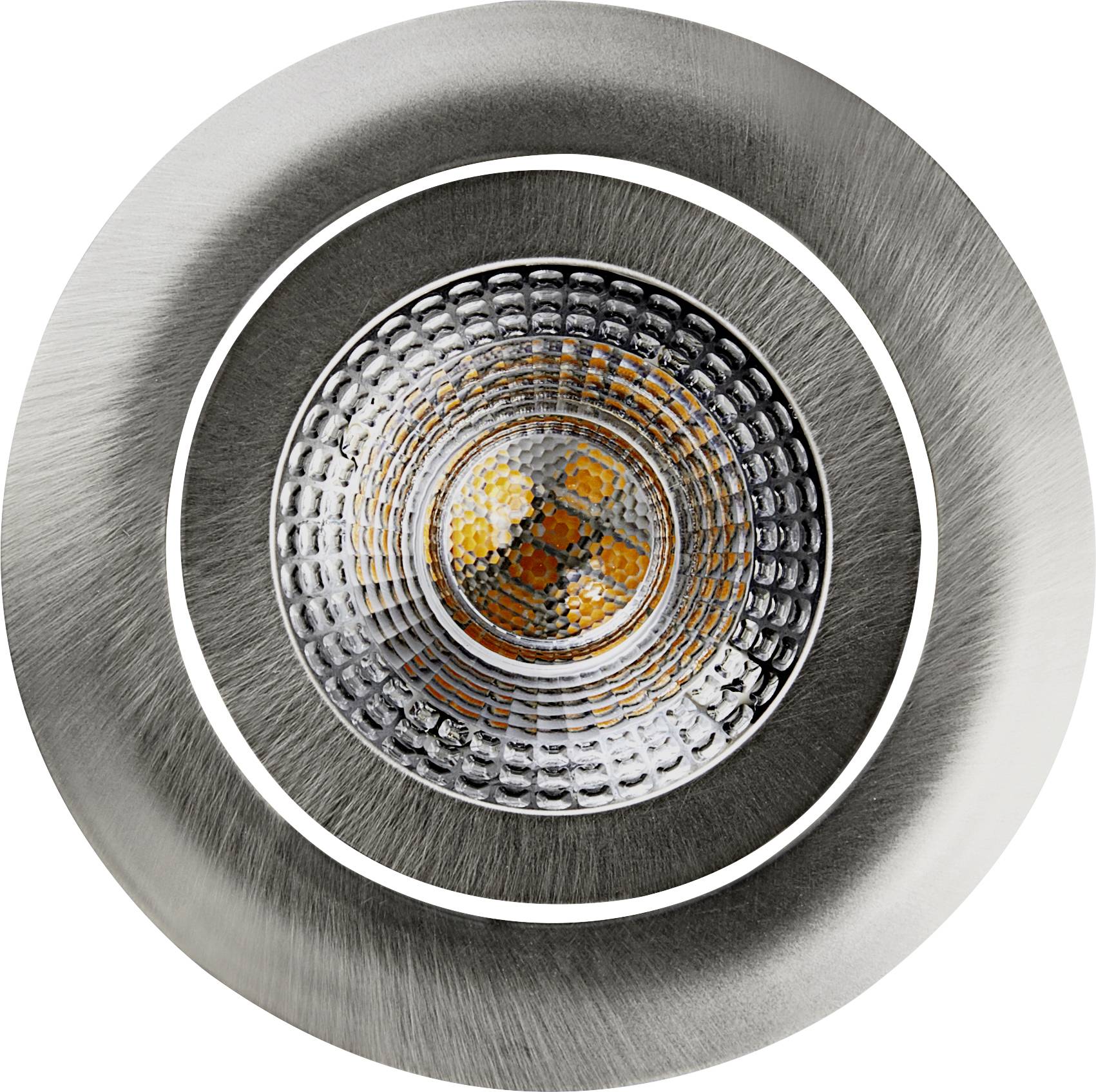 Een ronde, zilveren LED-spot met een centraal, verlicht gedeelte, toont modern design en efficiënte verlichtingstechnologie.