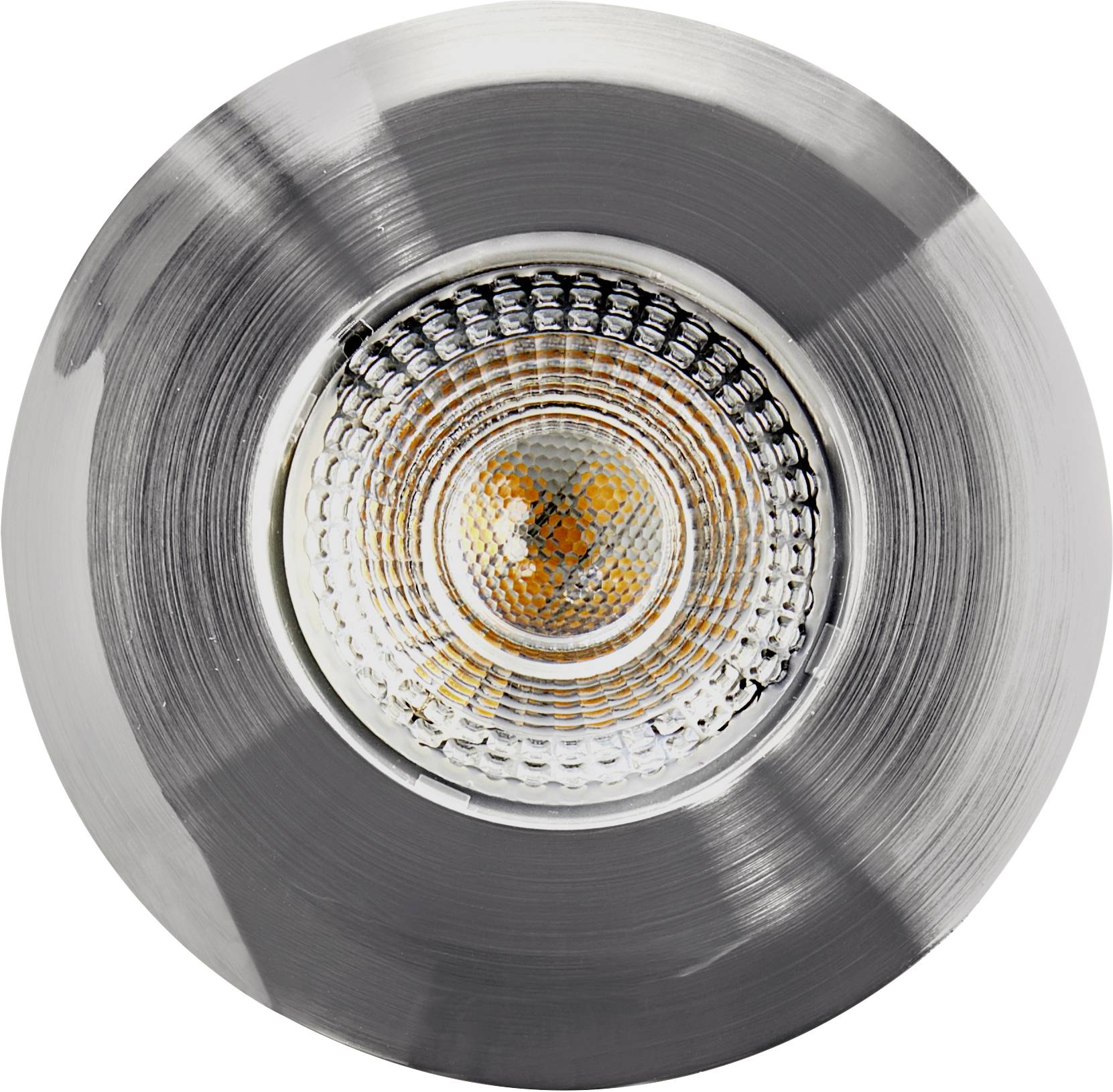 Close-up van een ronde LED-inbouwspot met een metalen rand en gestructureerd glas dat het licht verspreidt.