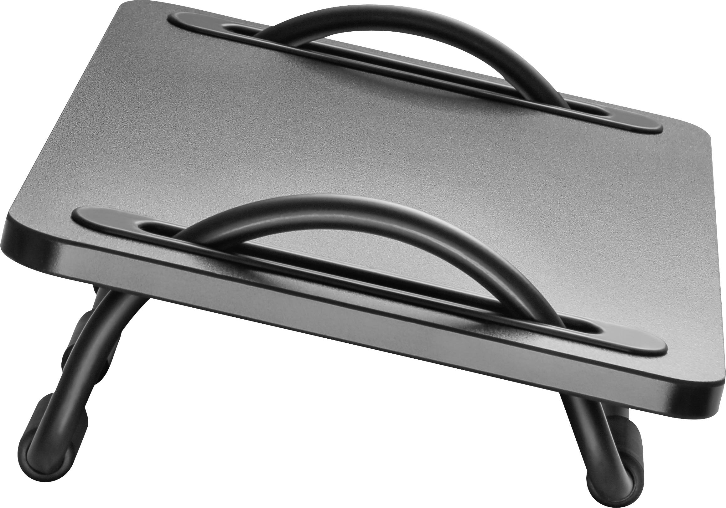 Een zwarte laptopstandaard met twee handgrepen en schuine poten die een ergonomische positionering van de laptop mogelijk maken.