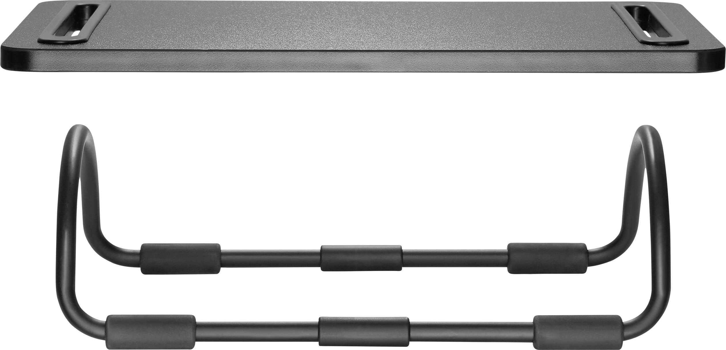 Laptopstandaard met zwart, gebogen metalen frame en antislip oppervlak, bedoeld om de laptop op bureaus te verhogen.