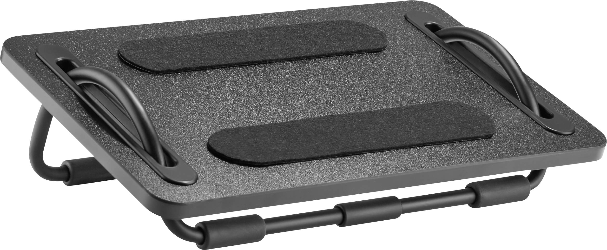 Voetensteun van zwart staal met slipvaste oppervlak en gebogen randen, zorgt voor comfort en ergonomische houding op de werkplek.