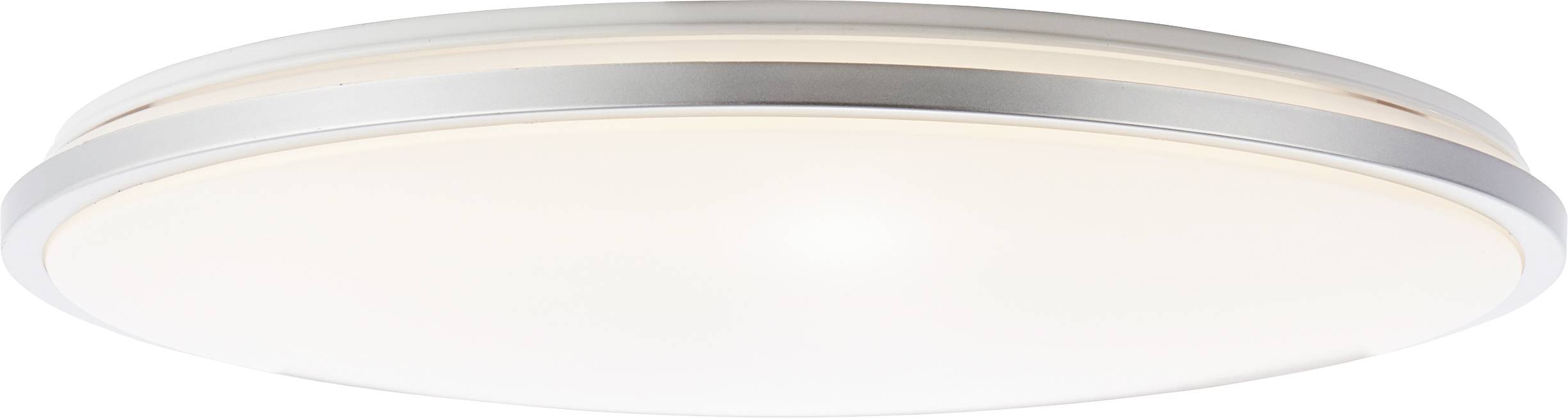 Ronde plafondlamp van metaal in zilver met witte afdekking. Strak, modern design voor binnenruimtes.