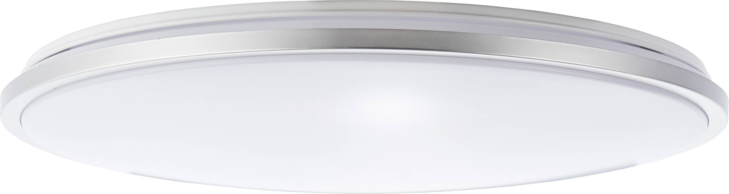 Ronde, moderne plafondlamp met zilveren rand en matte, witte diffuser.