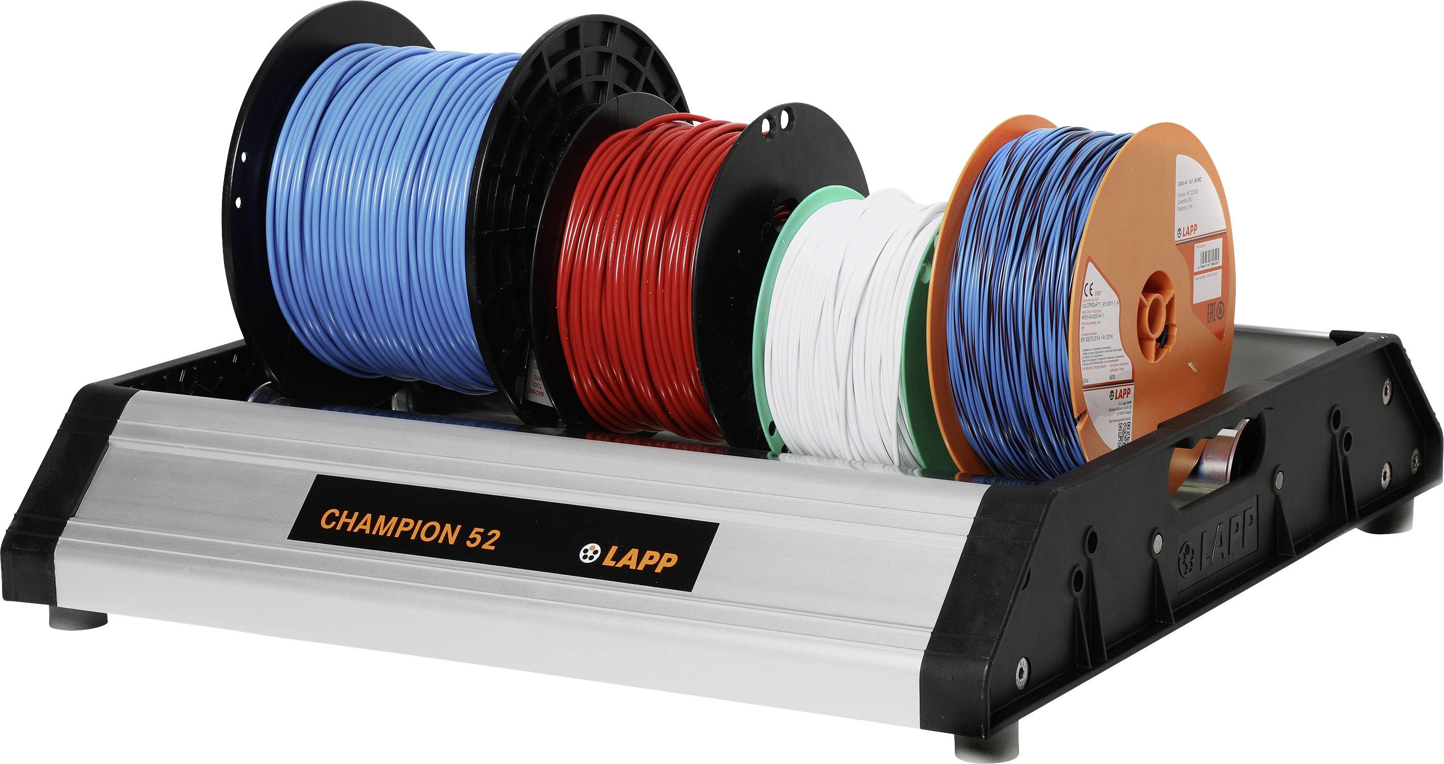 Vier kabelhaspels in verschillende kleuren (blauw, rood, wit, oranje) op een drager met het opschrift 'CHAMPION 52' van LAPP.