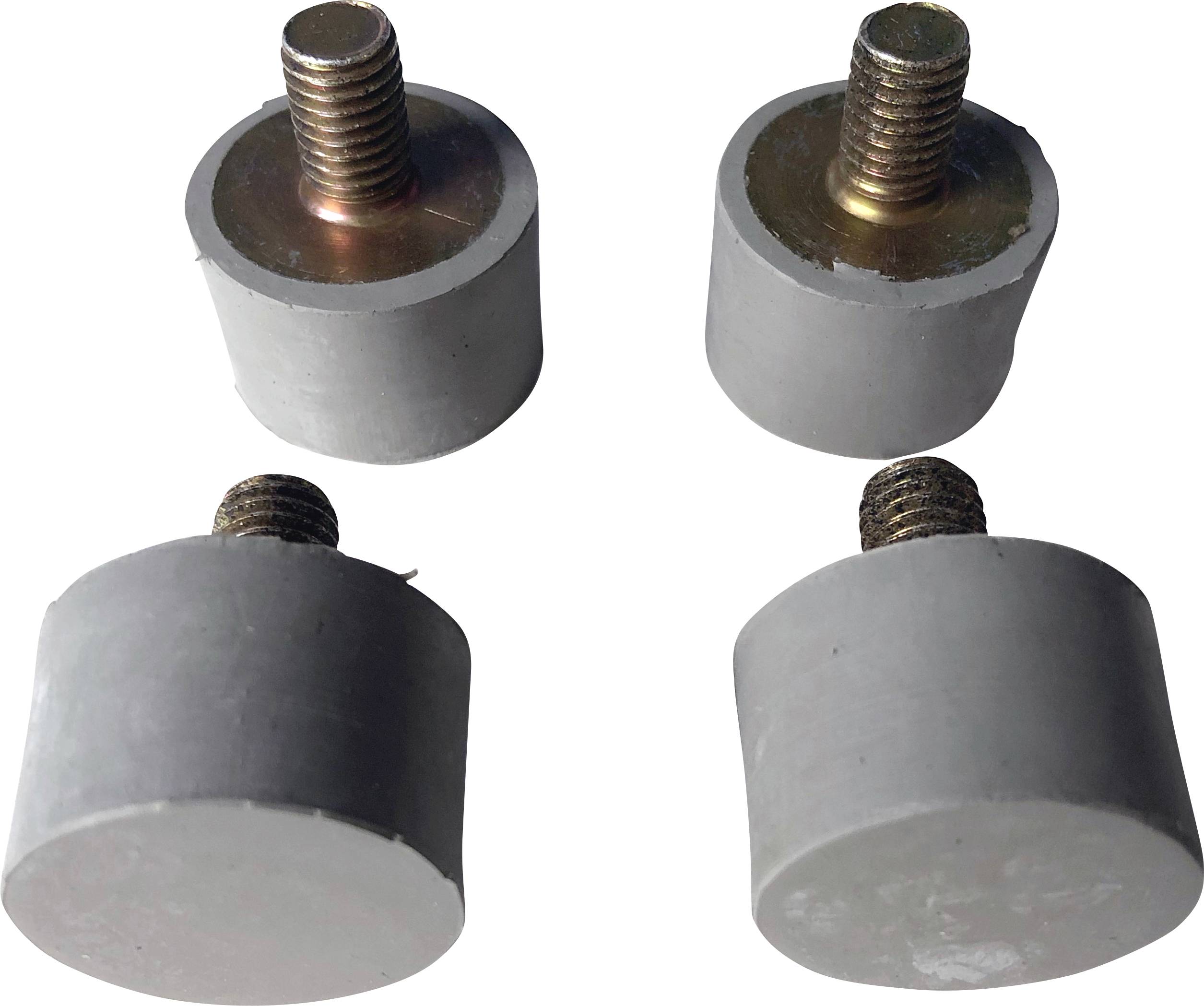 Vier cilindrische rubberen voeten met ingestorte metalen schroeven. Ze zijn grijs en lijken bedoeld voor demping of bevestiging.
