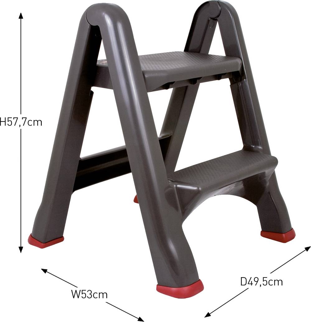 Zwarte opvouwbare ladder met twee treden en rode voeten. Afmetingen: hoogte 57,7 cm, breedte 53 cm, diepte 49,5 cm.