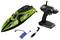 Groene RC speedboot met 'Xtreme' branding, afstandsbediening, batterij en oplader. Set weergegeven op een witte achtergrond.