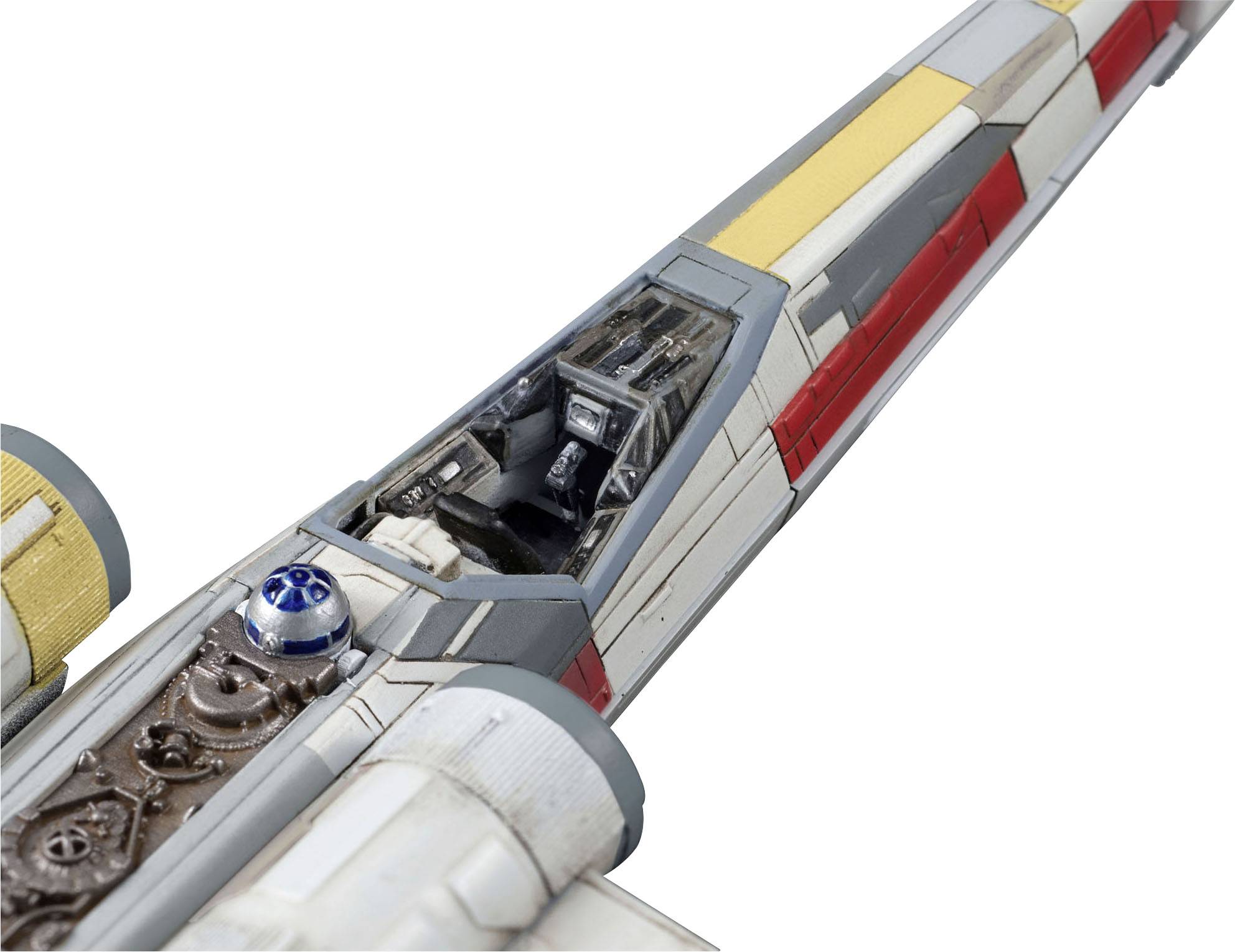 Een gedetailleerd model van een ruimteschip in science-fiction-stijl, herkenbaar aan de opvallende vleugels en de cockpit.