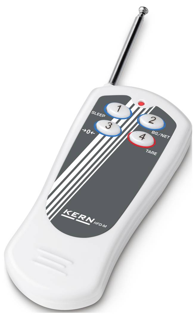 Een handapparaat met antenne en vier genummerde toetsen (1, 2, 3, 4) met de functies 'SLEEP' en 'BG/NET', merk 'KERN'.