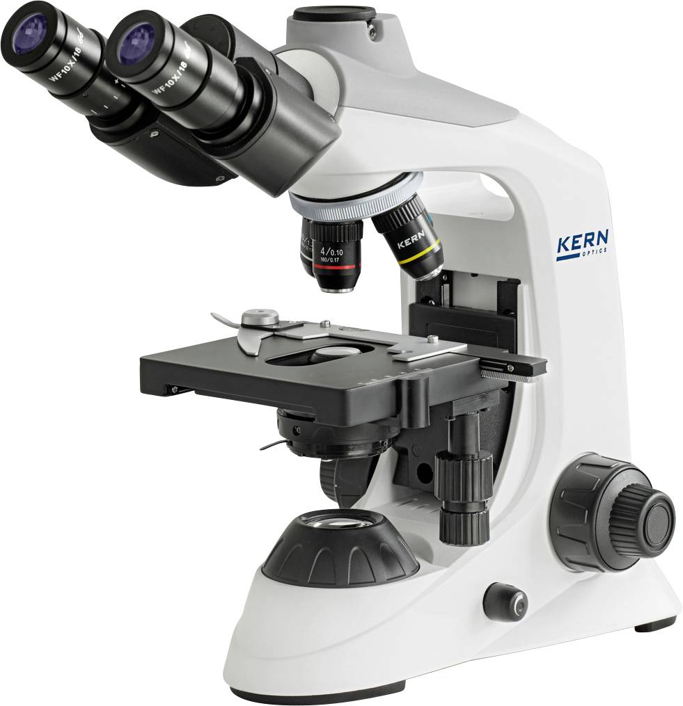 Een modern, wit microscoop met draaiende revolver en twee oculairs, geschikt voor wetenschappelijk onderzoek en laboratoriumanalyses.