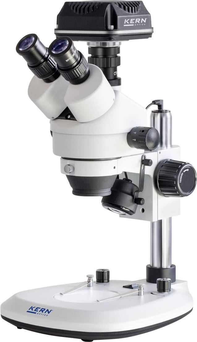 Een wit stereomicroscoop met twee oculairen en een traploos verstelbare standaard op een stabiele voet, geschikt voor laboratoriumwerkzaamheden.