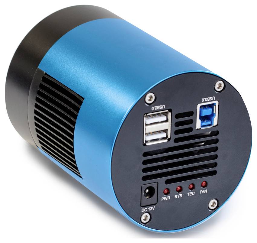 Een cilindrisch blauw-zwart apparaat met ventilatiesleufjes en aansluitingen voor USB, voedingsadapter en andere aansluitingen aan de achterkant.