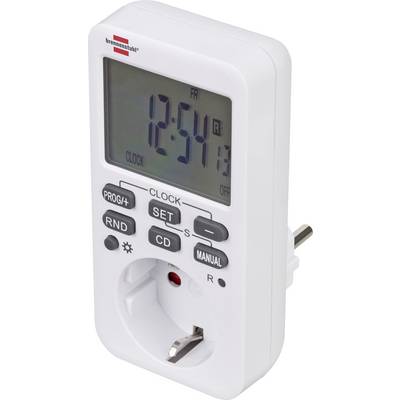 Witte insteekbare digitale timerswitch met LCD-klokweergave en programmeerknoppen voor een elektrisch stopcontact.