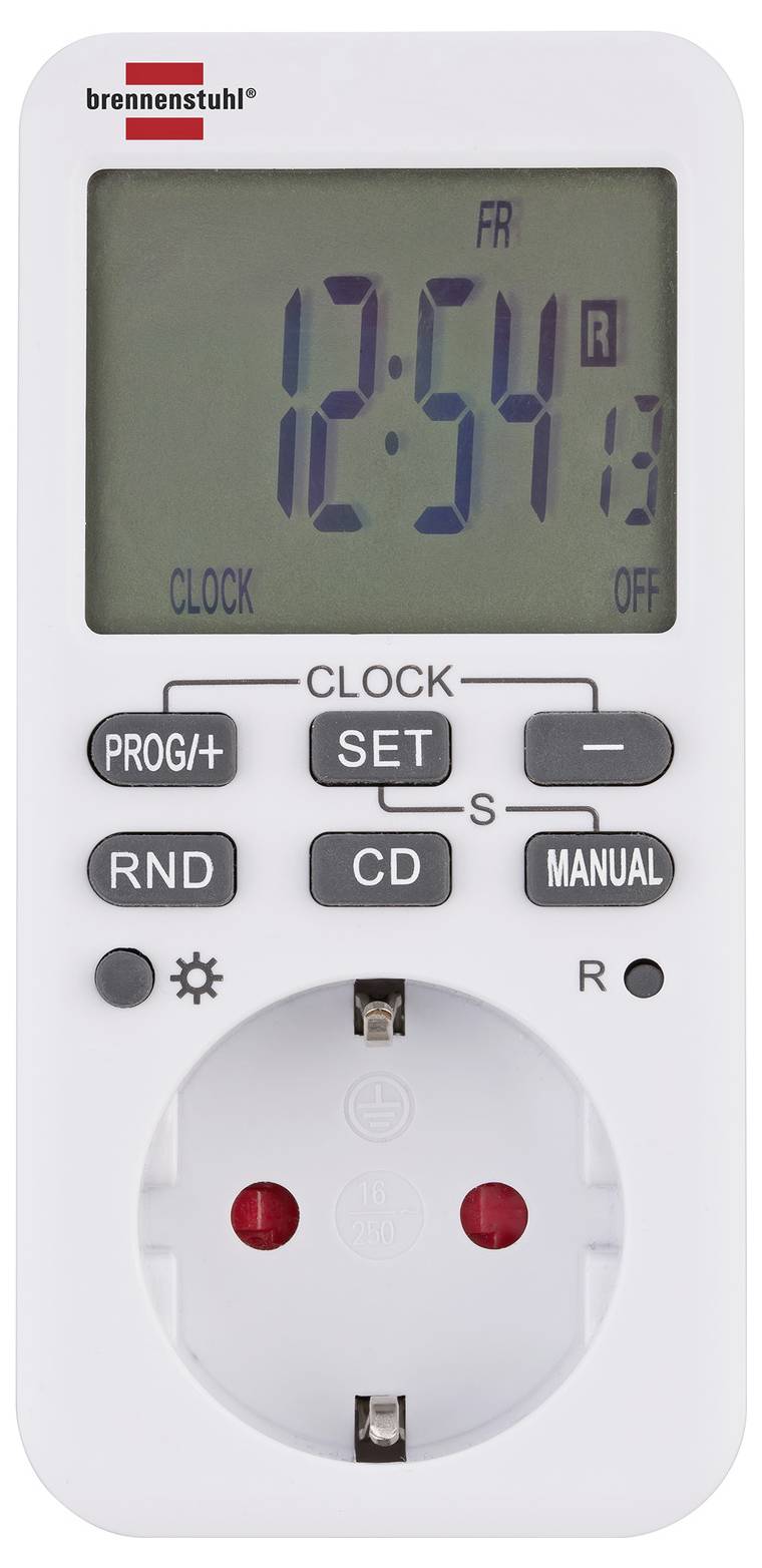 Digitale stekkeringtimer met LCD-display met dagtijd 12:54, en knoppen voor klok, instellen, willekeurig, aftelling, handmatig, plus aan/uit-contactdoos.