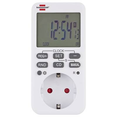 Digitale stekkeringtimer met LCD-display met dagtijd 12:54, en knoppen voor klok, instellen, willekeurig, aftelling, handmatig, plus aan/uit-contactdoos.