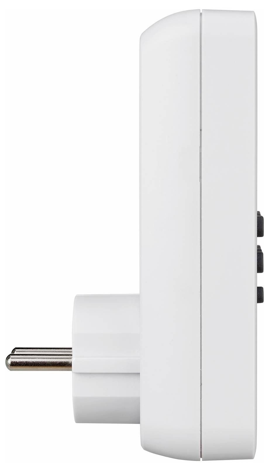 Witte stekkeradapter met twee metalen pinnen en drie aan de zijkant gemonteerde knoppen op een effen witte achtergrond.