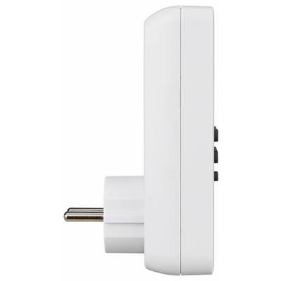 Witte stekkeradapter met twee metalen pinnen en drie aan de zijkant gemonteerde knoppen op een effen witte achtergrond.