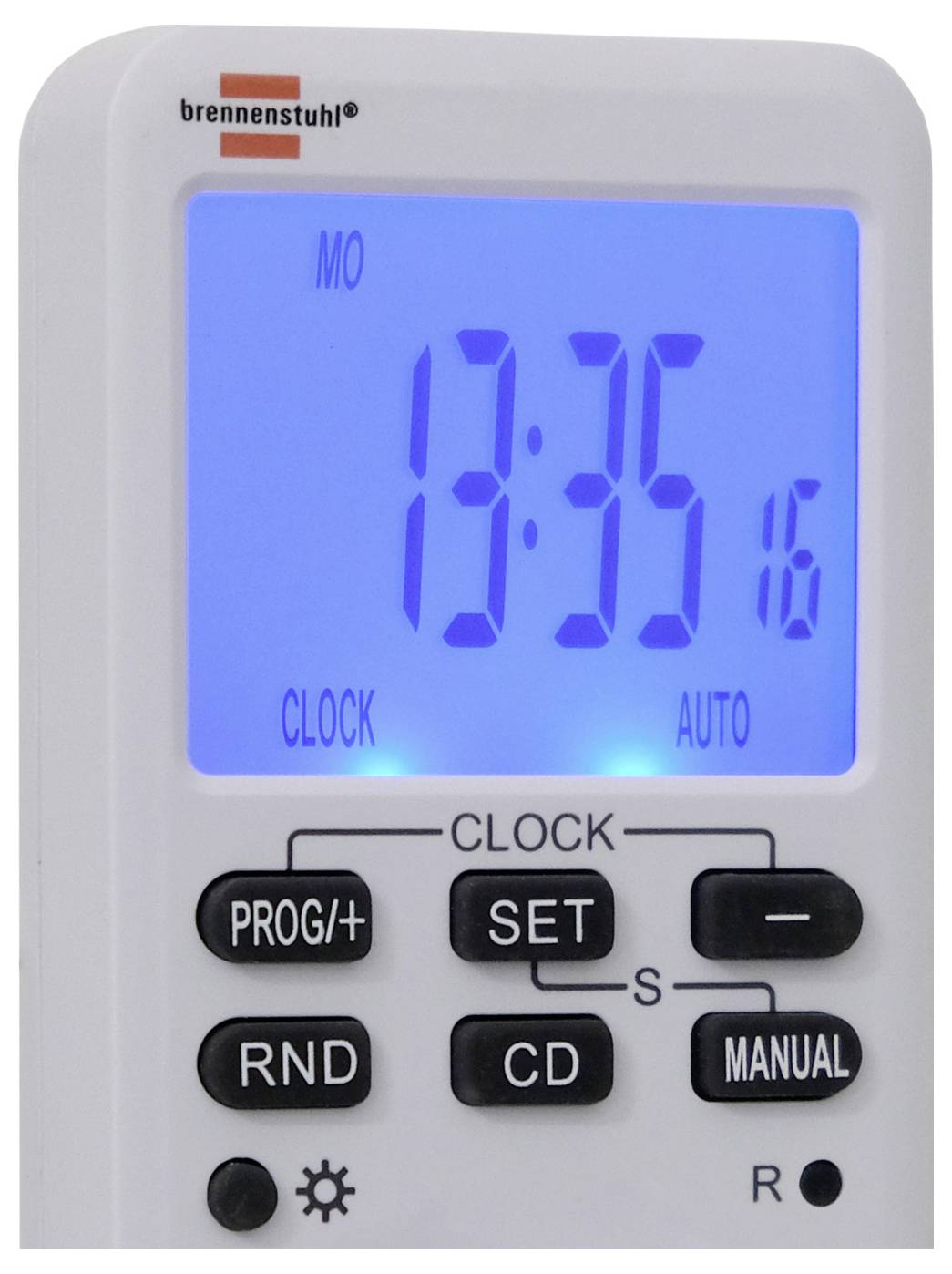 Digitale wandtimer met weergave van 13:35 op maandag, met CLOCK-modus geselecteerd en knoppen voor programmering, instellen, aftelling, willekeurig en handmatige bediening.