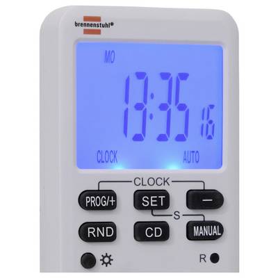 Digitale wandtimer met weergave van 13:35 op maandag, met CLOCK-modus geselecteerd en knoppen voor programmering, instellen, aftelling, willekeurig en handmatige bediening.