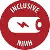Rood rond logo met het woord 'INCLUSIVE' boven een wit batterijpictogram en 'NiMH' eronder, wat aangeeft dat het een oplaadbare nikkel-metaalhydride batterij is.