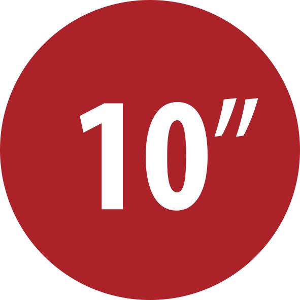 Rood cirkelpictogram met witte '10"'-tekst, aangevend een grootte van 10 inch.