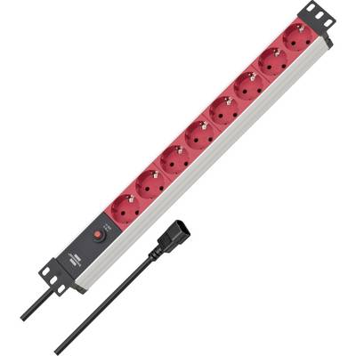 Zwart-rood stekkerdoos met acht stopcontacten en een snoer, diagonaal weergegeven op een witte achtergrond.