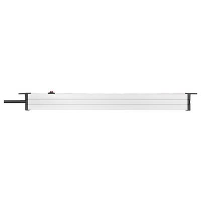Een horizontaal grijs rechthoekig apparaat of paneel met zwarte montageëindstukken en een kleine rode knop bovenop, weergegeven op een witte achtergrond.