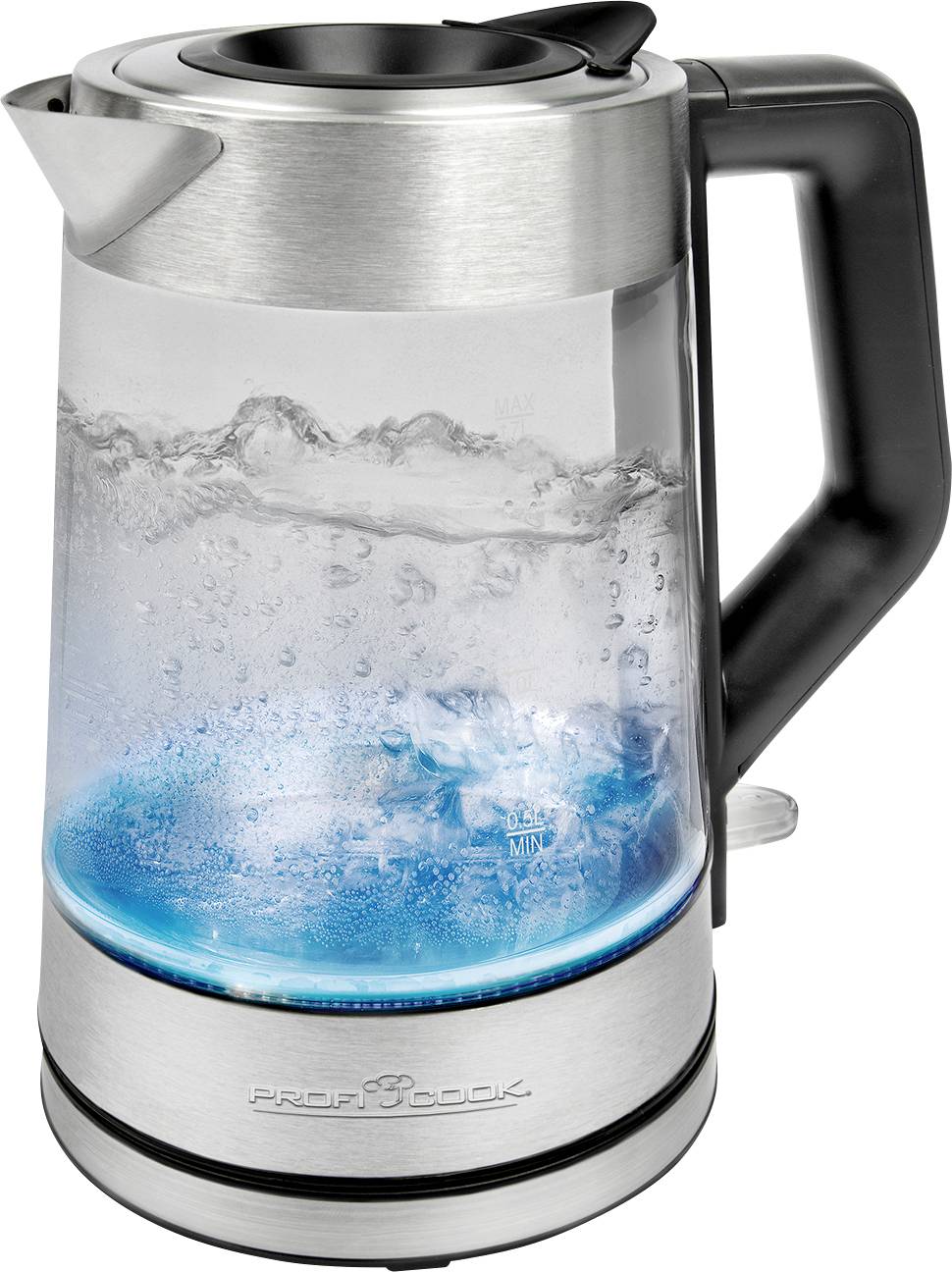 Een waterkoker van roestvrij staal en glas met blauwe LED-verlichting toont kokend water aan de binnenkant.