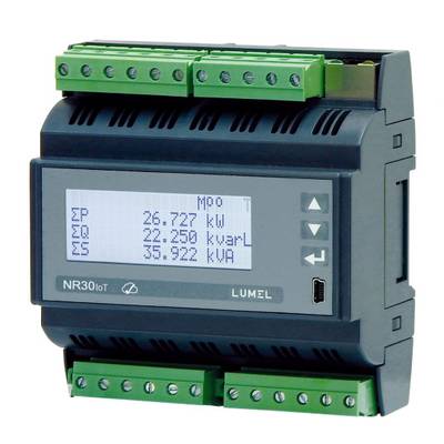 Elektronisch meetapparaat met digitale weergave toont meetwaarden: 26,727 kW, 22,250 kvarL, 35,922 kVA. Behuizing in zwart met groene aansluitingen.