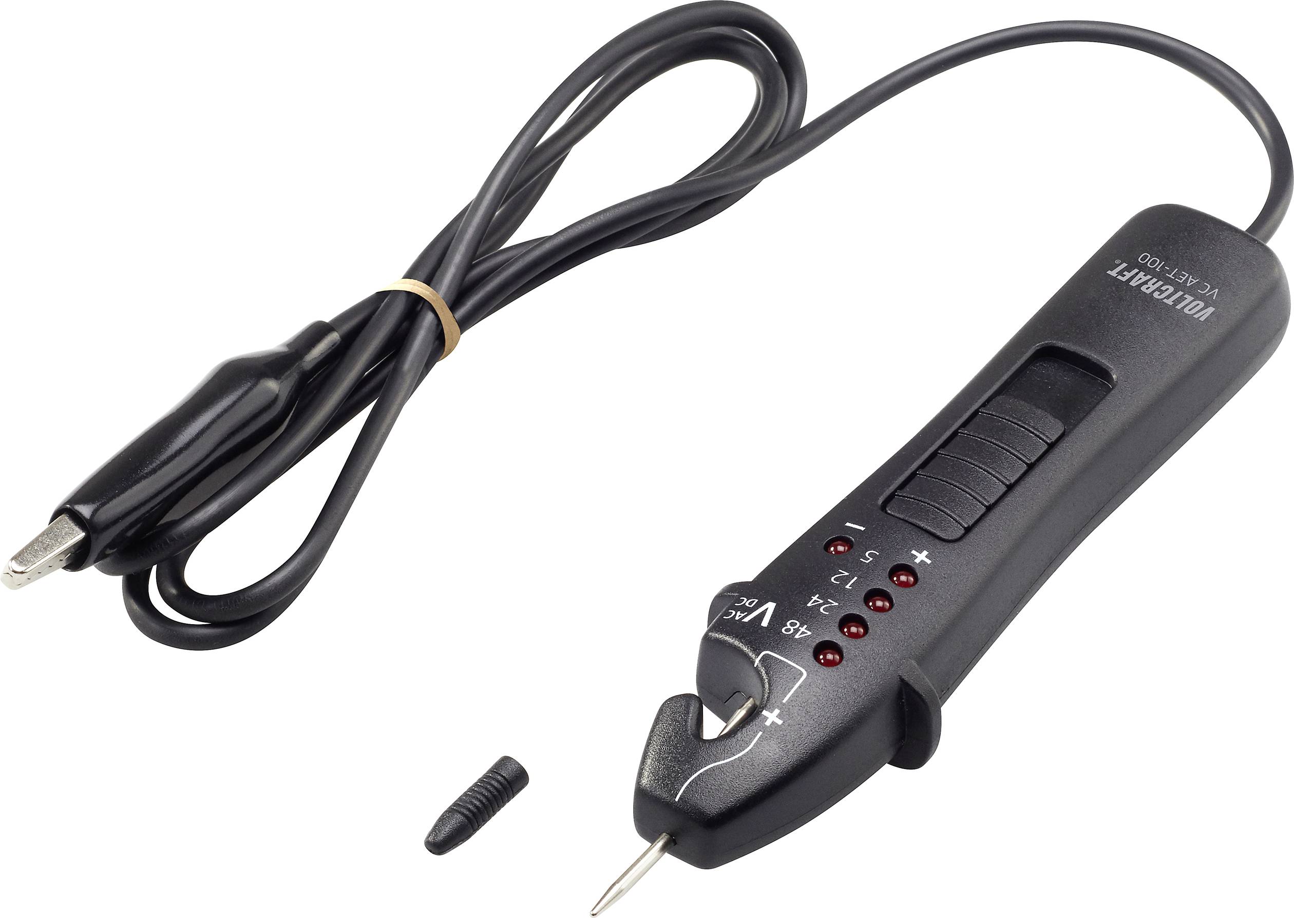 Spanningzoeker met testpunt en kabel met krokodillenklem. Toont verschillende spanningsniveaus aan met meerdere LED-indicatoren.