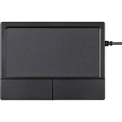 Een zwart touchpad met twee knoppen eronder en een kabel aan de rechterkant, ideaal voor aansluiting op een computer.