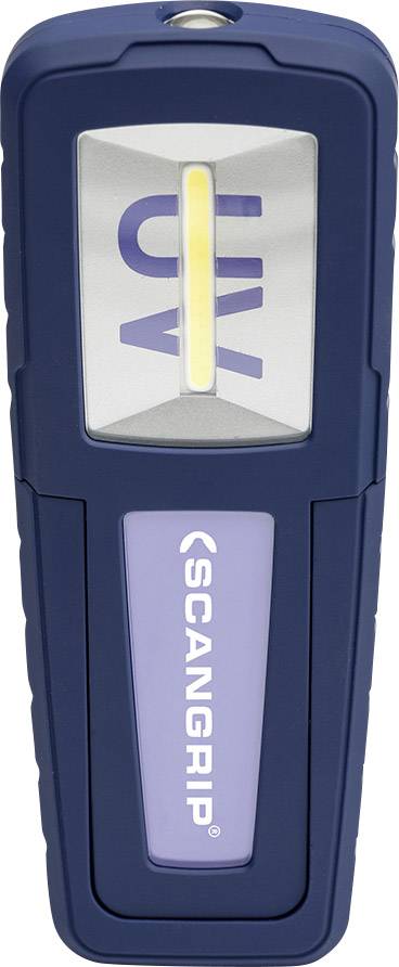 De afbeelding toont een draagbare UV-lamp van het merk Scangrip. Hij is donkerblauw en wordt gebruikt voor visuele inspecties of lekdetectie.