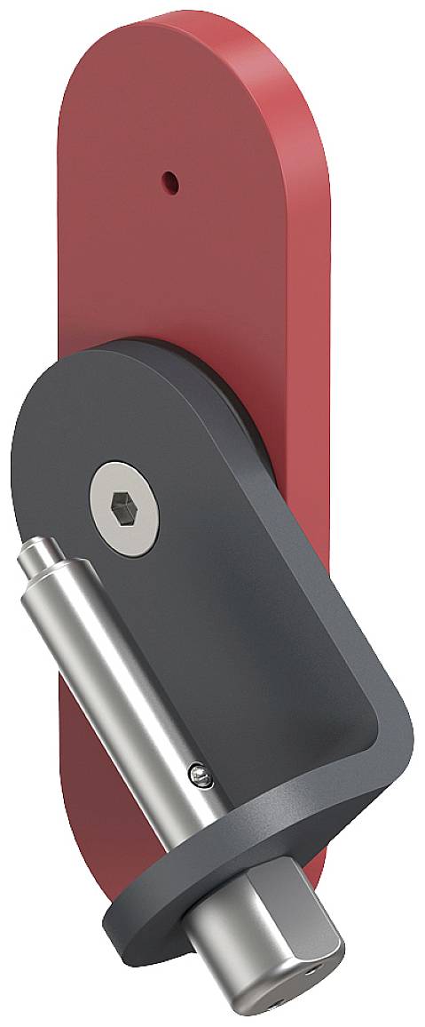 Een rood-zwart mechanisch onderdeel met een cilindrische metalen pen en schroef, vermoedelijk een scharnier of gewricht.