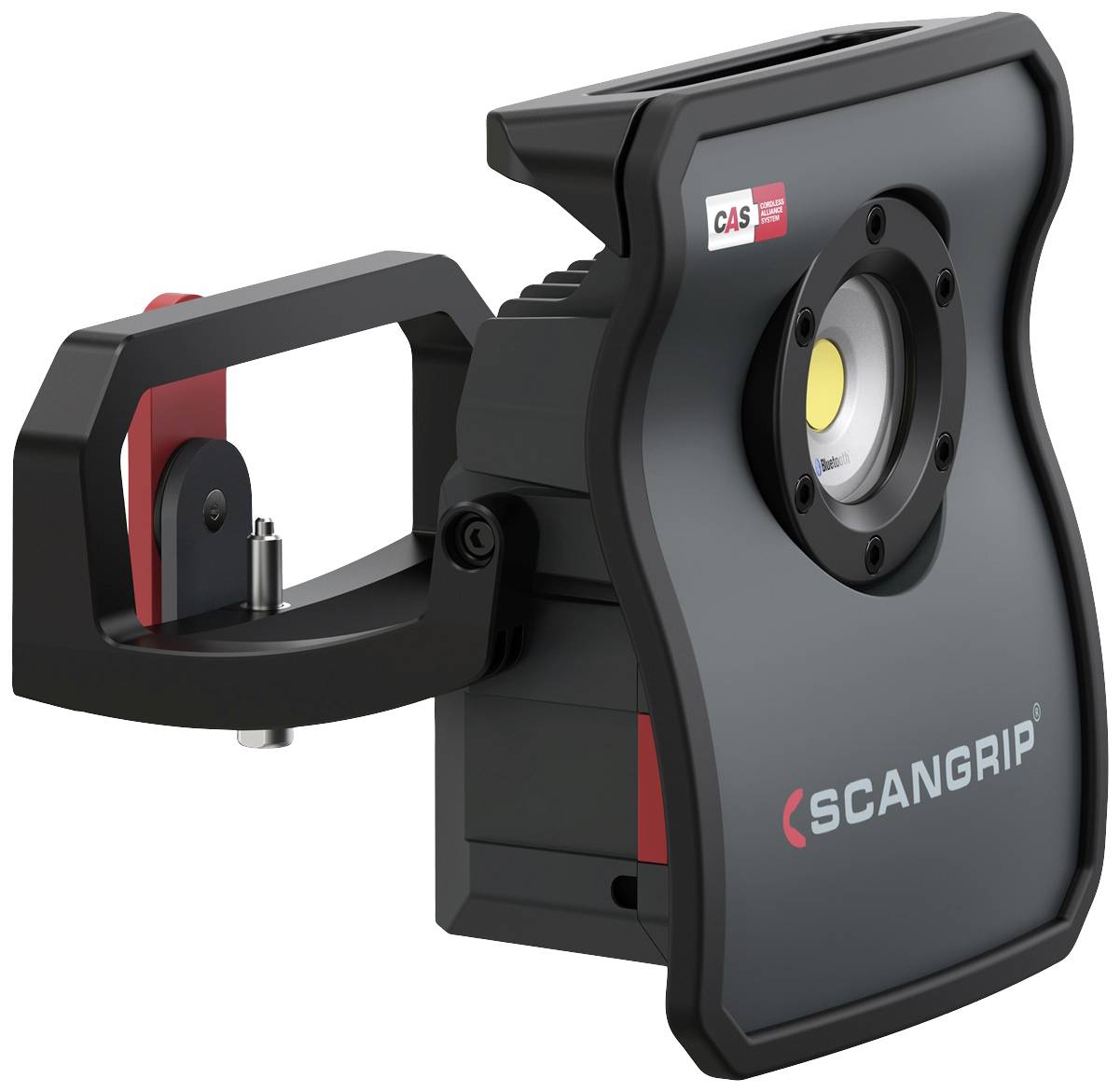 Een draagbare LED-werkverlichting, zwart met rode accenten, van SCANGRIP. Bevat een ronde schijnwerper in het midden.