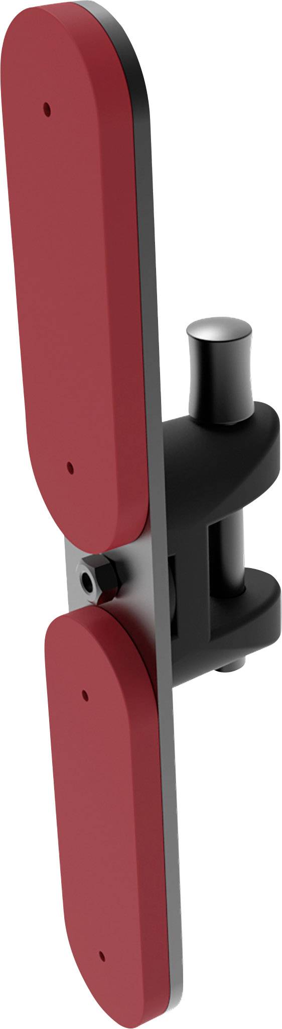 Rood kunststof onderdeel met twee platte rechthoekige platen die verticaal zijn uitgelijnd en bevestigd aan een zwart bevestigingsmechanisme.