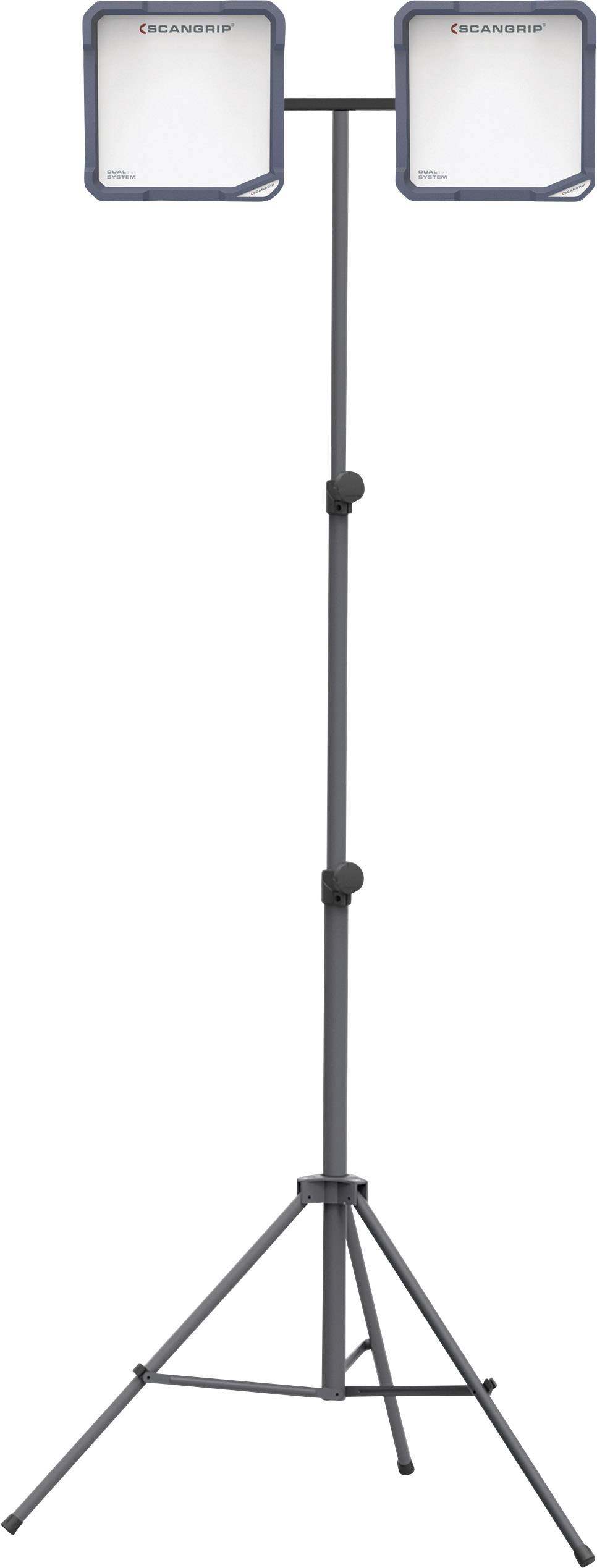 Dubbele LED-schijnwerper op een in hoogte verstelbaar statief, geschikt voor bouwverlichting of buitenactiviteiten.