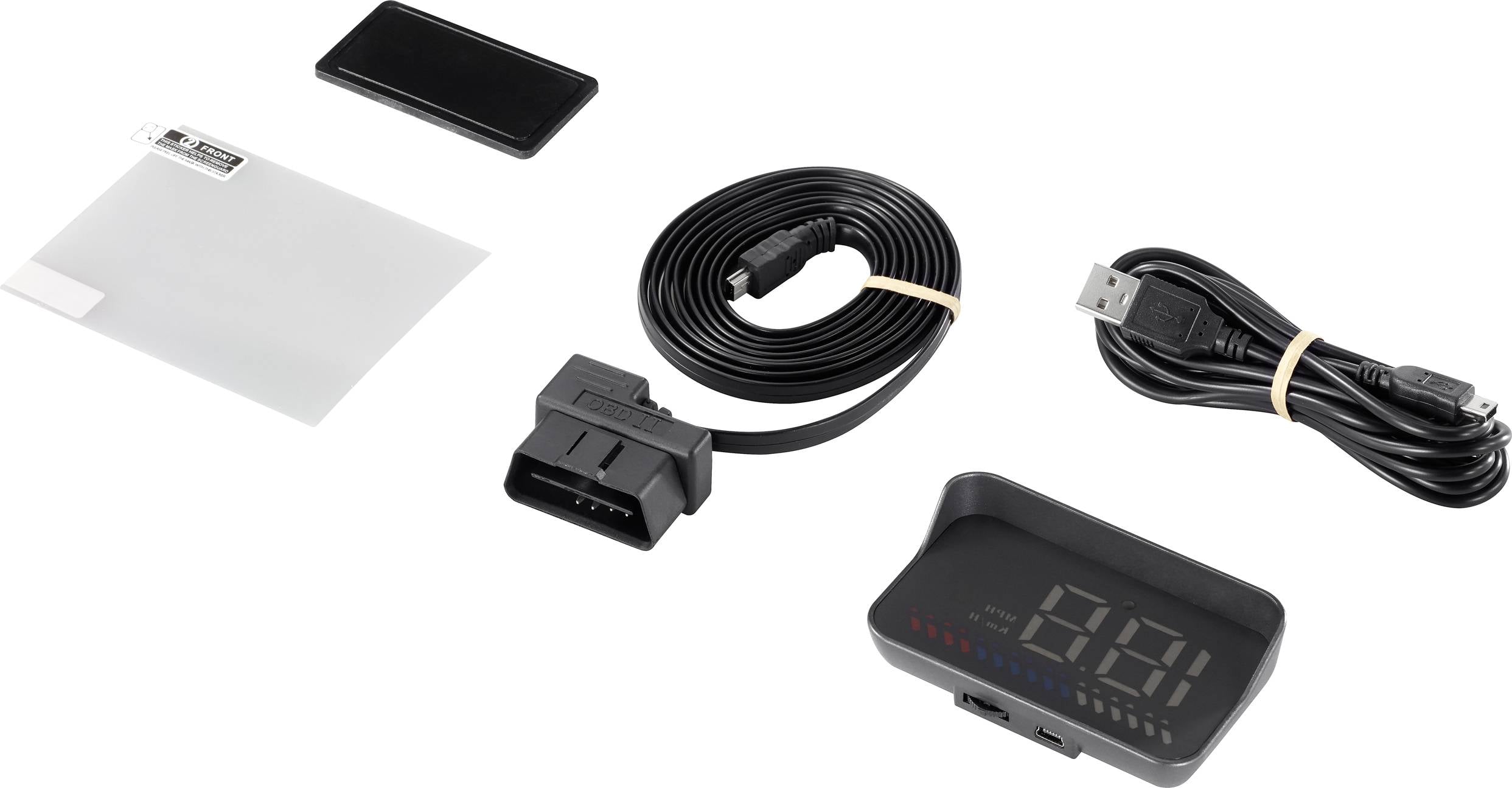 Auto-accessoirekit met OBD2-adapter, USB-kabel, displayhouder, reflecterende folie en digitaal meetinstrument voor voertuigdiagnose.