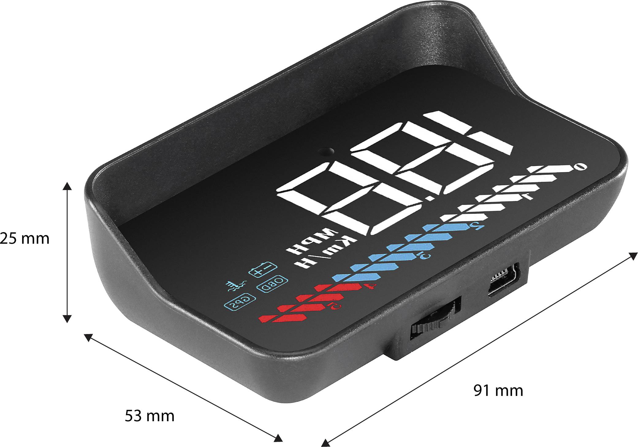 Elektronisch apparaat met digitale weergave; toont '180 km/u'. Afmetingen: 91 mm breedte, 53 mm diepte, 25 mm hoogte.