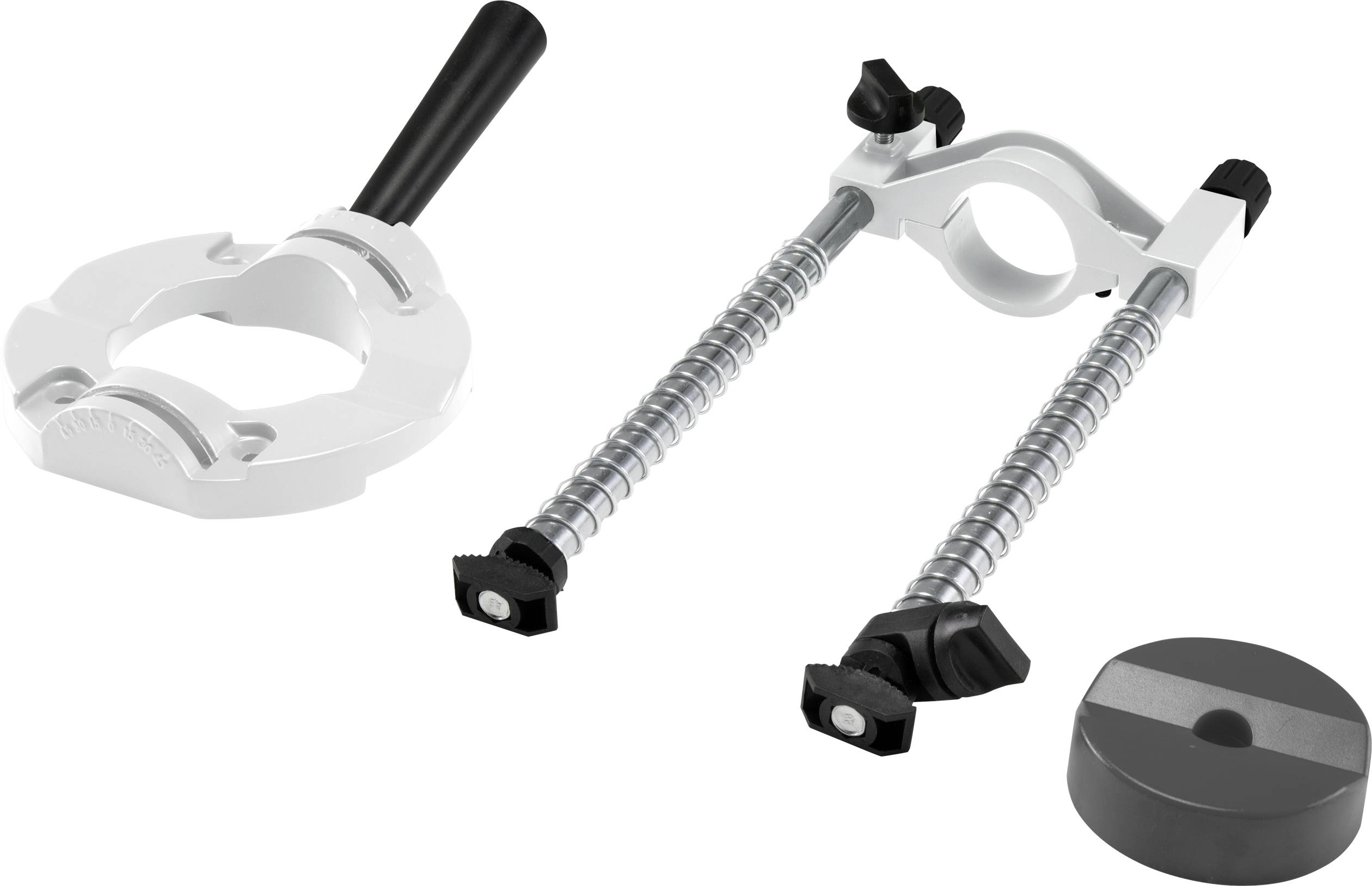 Twee metalen apparaten met veren en handgrepen zijn afgebeeld op een witte achtergrond. Ze lijken deel uit te maken van een gereedschapsset.