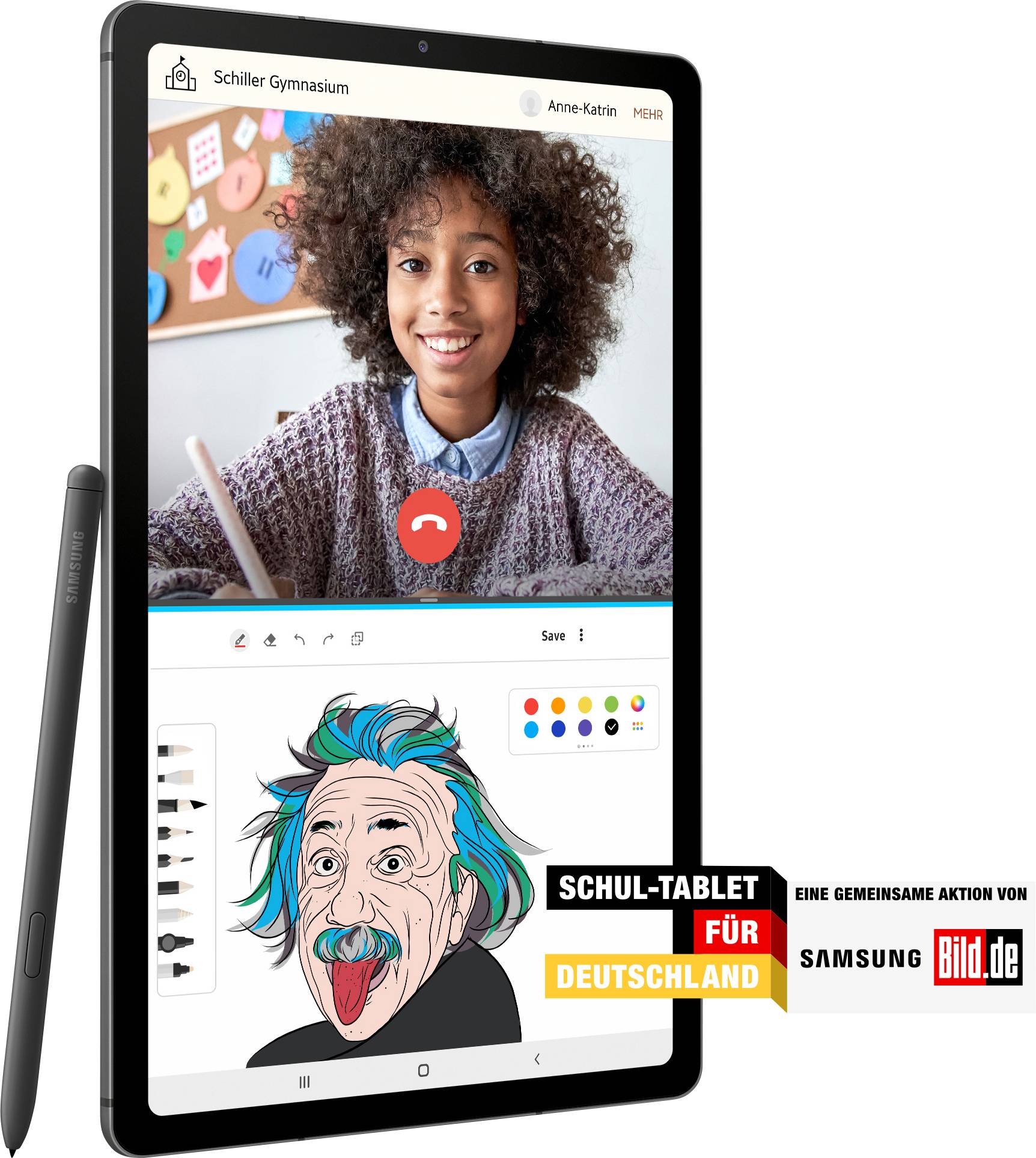 Tablet met videogesprek van een lachende scholier; Tekeningen voor het tekenen eronder. Tekst: 'School-Tablet voor Duitsland'.