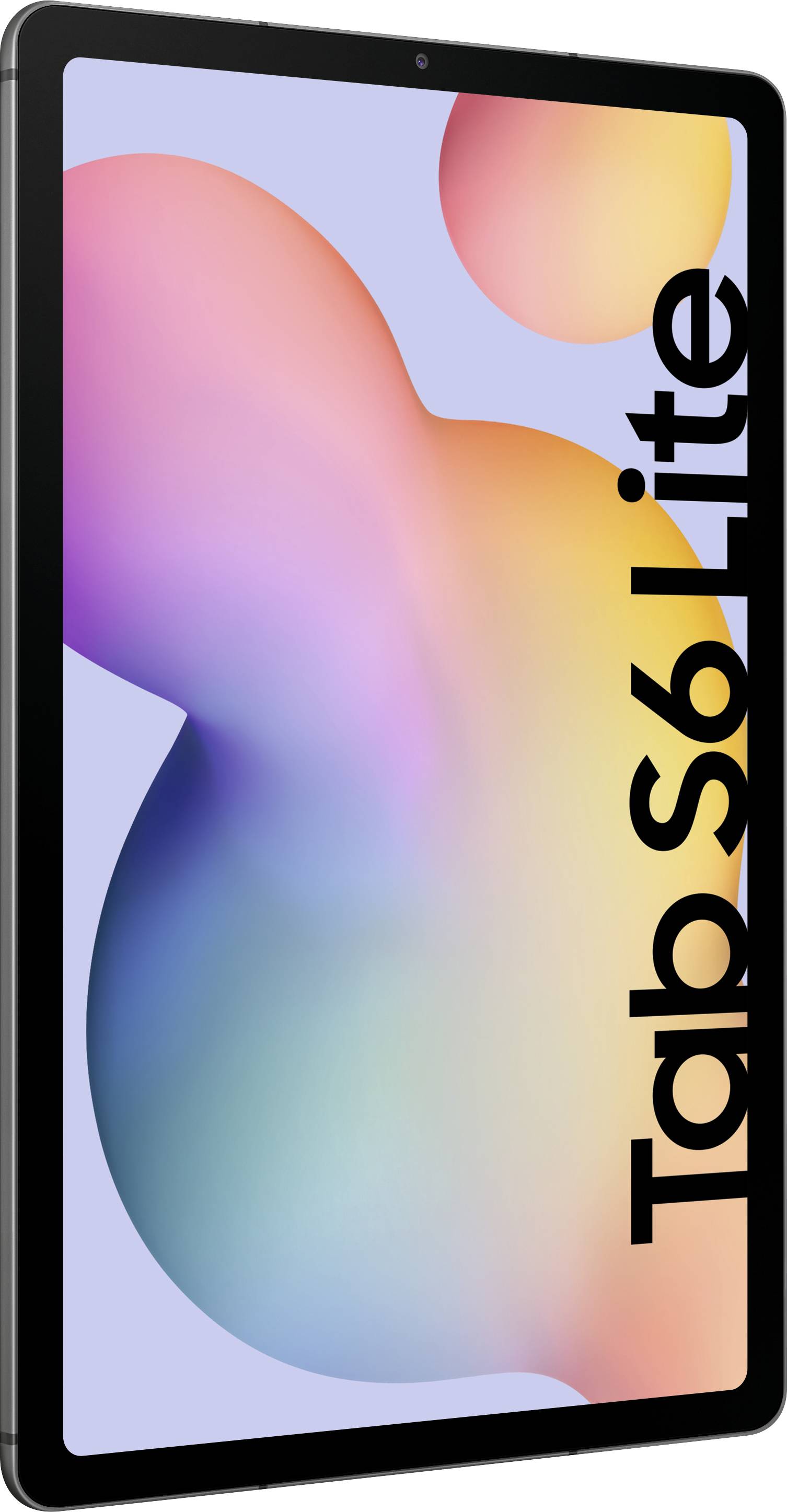 Een tablet met het opschrift 'Tab S6 Lite' op een kleurrijke achtergrond met zachte pasteltinten.