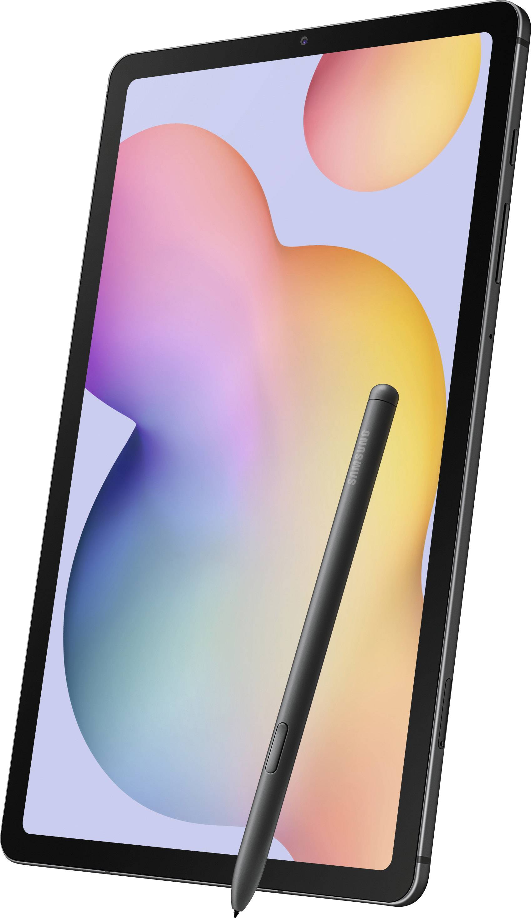 Een tablet met een stylus ervoor, toont kleurrijke, wazig uitziende vormen op het scherm. Geschikt voor creatief werk.