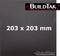 'BuildTak' logo op een zwarte achtergrond met witte tekst '203 x 203 mm'. Productaanduiding voor een 3D-printer hechtingsplaat.