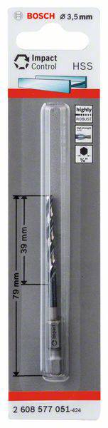 'Bosch Impact Control HSS-boor, 3,5 mm, lengte 79 mm. Verpakking toont boor voor hoogbelastbare toepassingen.'