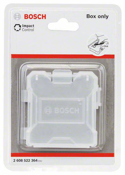 Een transparante kunststof verpakking van Bosch, gemarkeerd met 'Box only' en 'Impact Control', toont een lege opbergdoos.