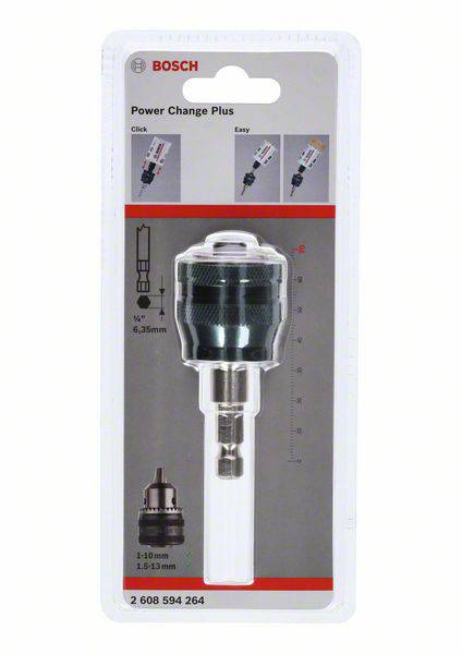 'Bosch Power Change Plus' booradapter in verpakking, toont productafbeelding en technische details zoals maat 6,35 mm en 1-10 mm.